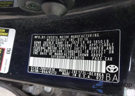 2016 Toyota Corolla Le Plus из США, поврежденный, VIN 5YFBURHE5GP468520